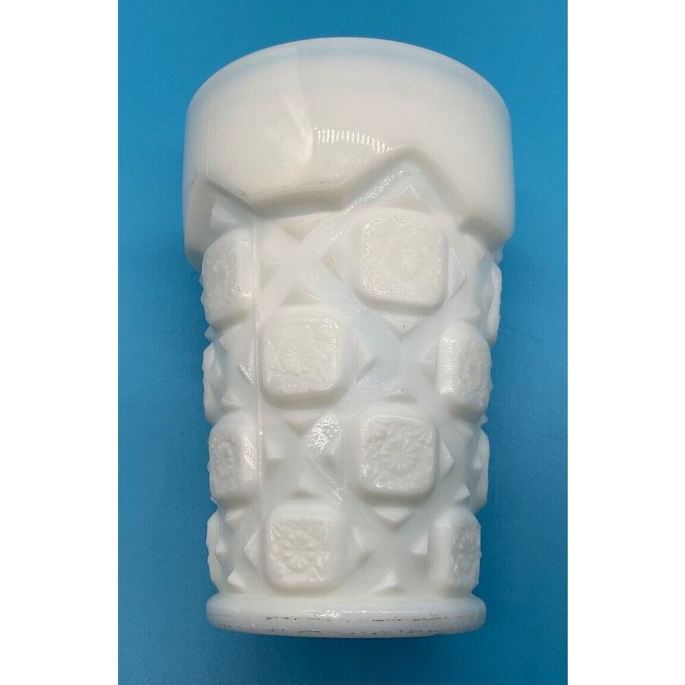 Set of‎ 3 White Milk Glass Tumblers, Cubist Pattern, 5" Tall, Vintage Drinkware - Picture 5 of 6
